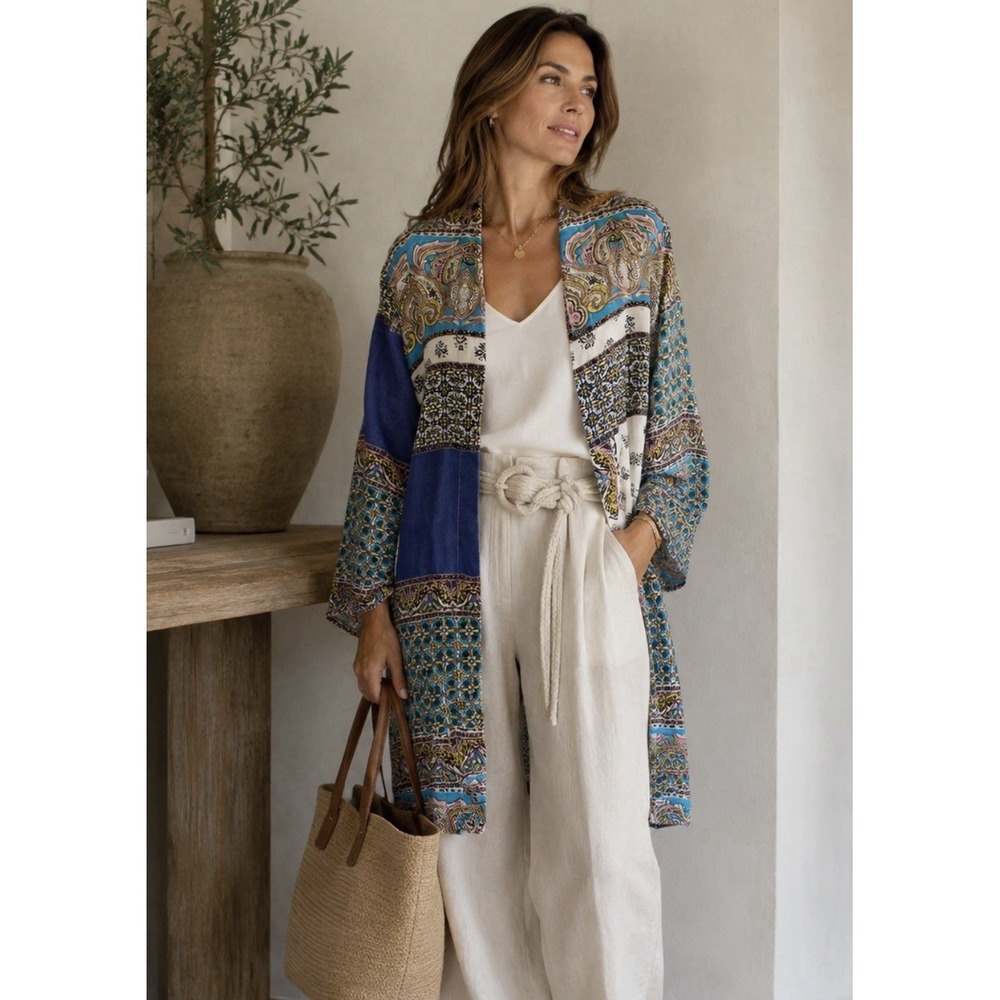 Chicos 100% Linen Duster Kimono Sz 3 16/18 Open Front Patchwork Cardigan Paisley